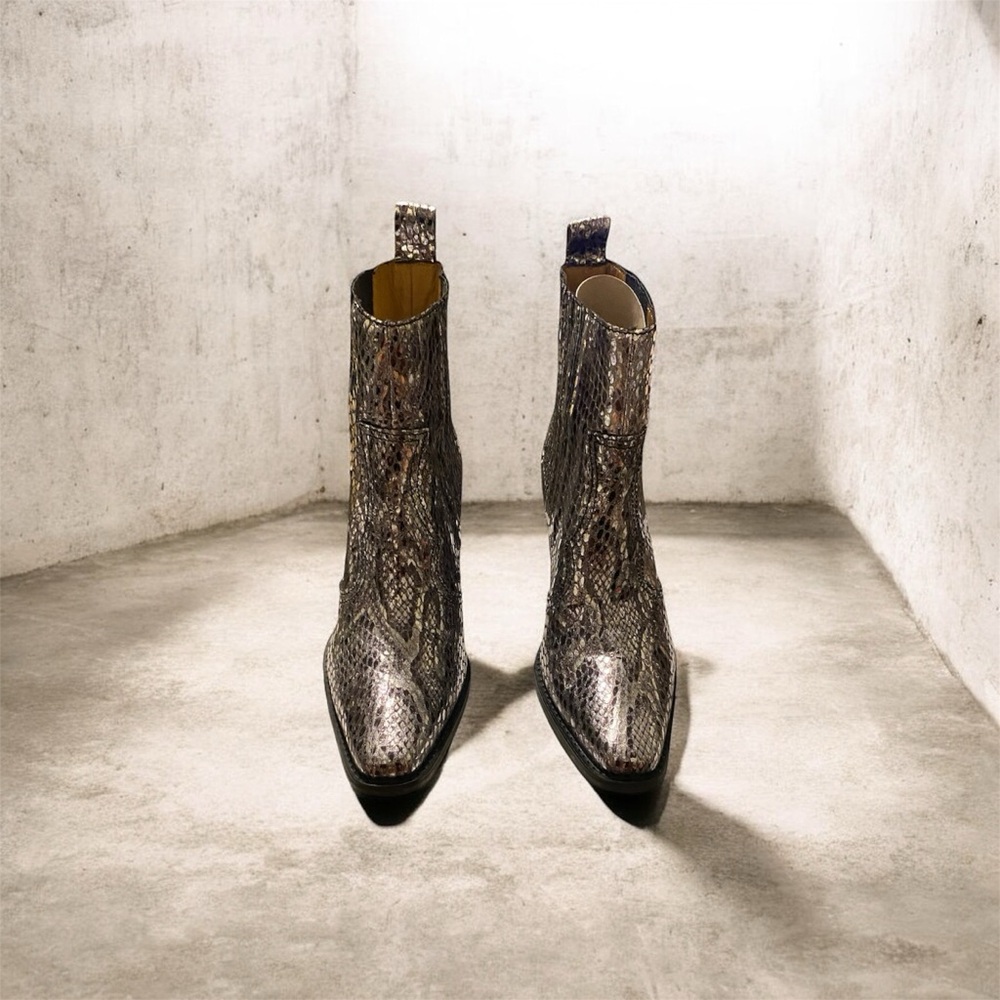 Ganni Metallic Snake-Embossed Ankle Boots - Silver Brown
